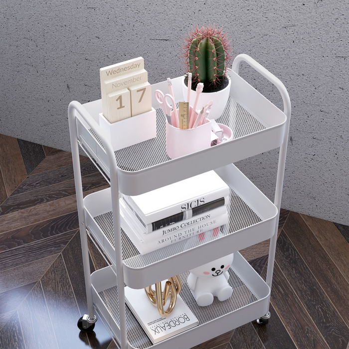 3-Tier Steel Storage Trolley – White Rolling Kitchen Cart with Baskets & Wheel - Samanta Factory