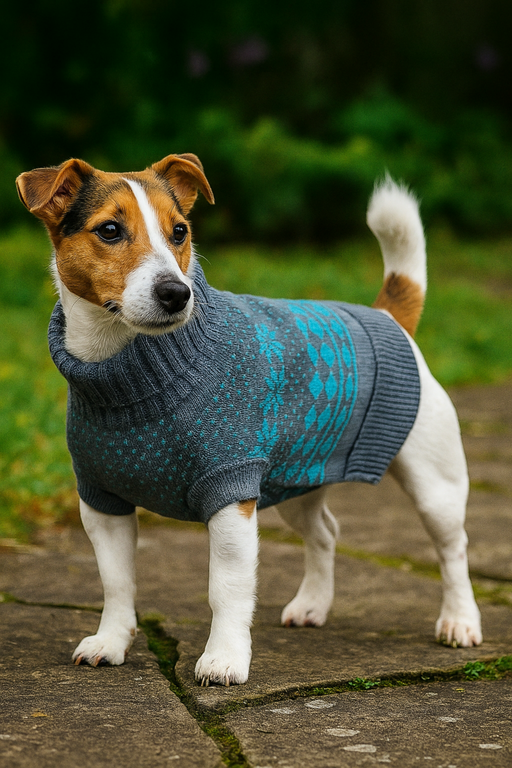Teal Fair Isle dog jumper with leg socks for Christmas or winter wear