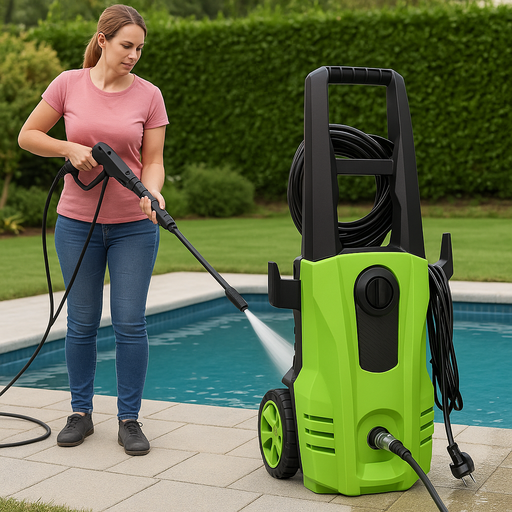 1800W high-pressure jet washer with adjustable nozzle, spray gun, hose, and cleaning accessories