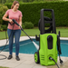 1800W high-pressure jet washer with adjustable nozzle, spray gun, hose, and cleaning accessories