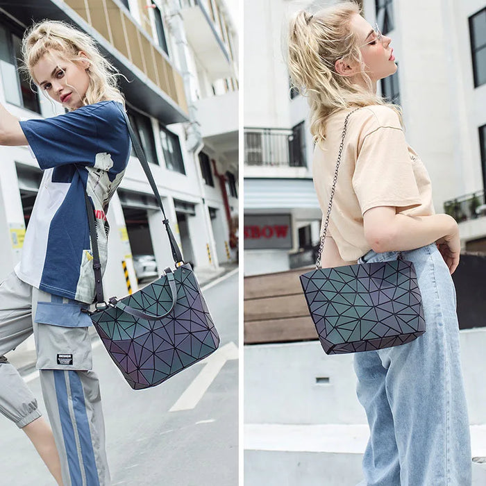 Shimmering PU Fold-Over Shoulder Bag – Futuristic Geometric Design for Women - Samanta Factory