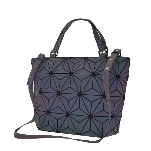 Shimmering PU Fold-Over Shoulder Bag – Futuristic Geometric Design for Women - Samanta Factory