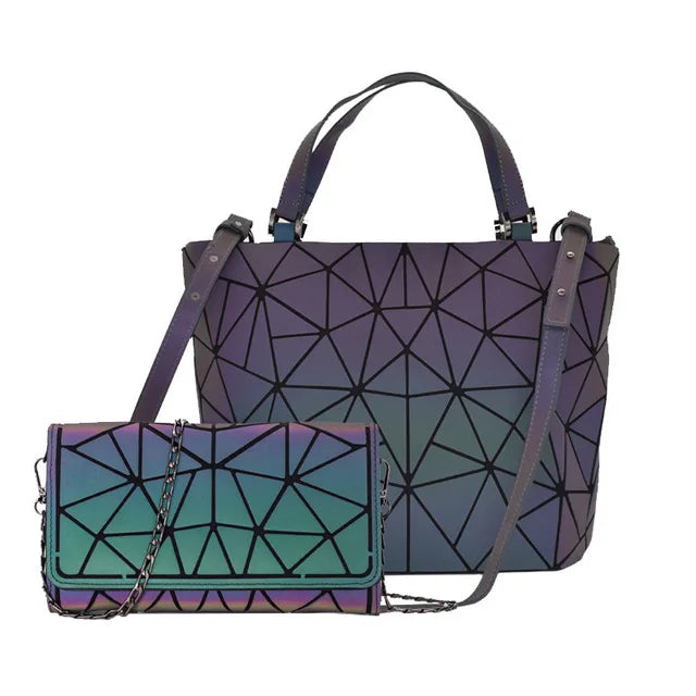 Shimmering PU Fold-Over Shoulder Bag – Futuristic Geometric Design for Women - Samanta Factory