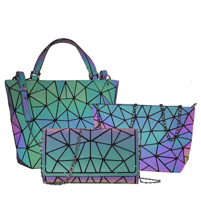 Shimmering PU Fold-Over Shoulder Bag – Futuristic Geometric Design for Women - Samanta Factory