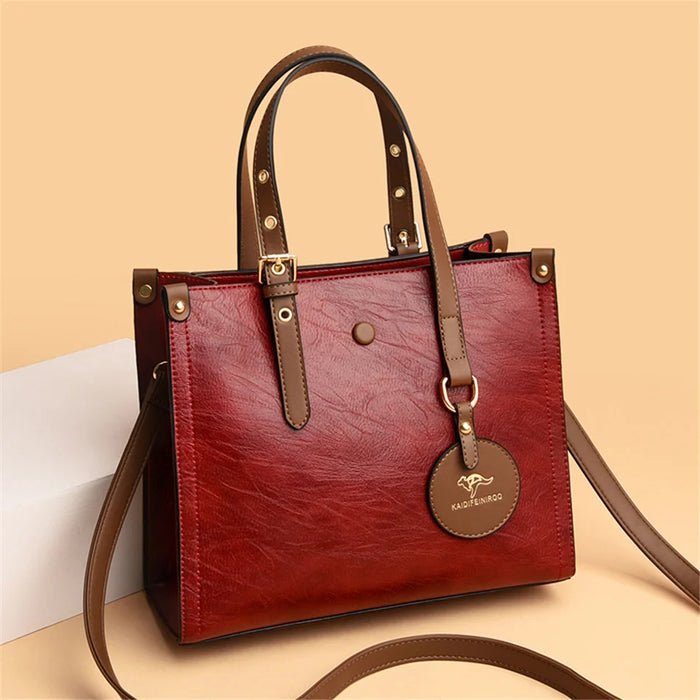 Women’s Leather Handbag – Vintage Casual Tote with Zipper & Hasp Closure - Samanta Factory