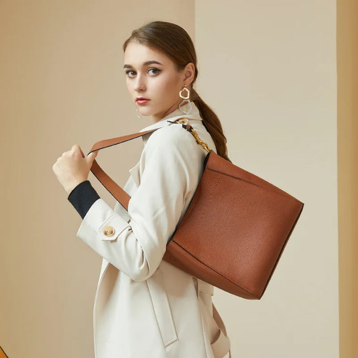 Women’s Genuine Leather Bucket Bag – Soft Cowhide Shoulder Handbag - Samanta Factory