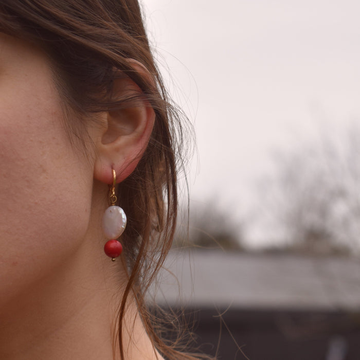  Freshwater coin pearl earrings with red coral bead on gold-plated huggie hoops

