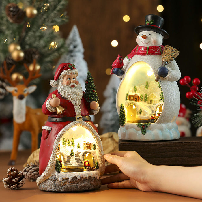 Lighted Christmas Cabin Music Box – LED Santa & Snowman Decoration with Rotating Train
