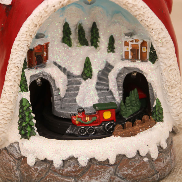 Lighted Christmas Cabin Music Box – LED Santa & Snowman Decoration with Rotating Train