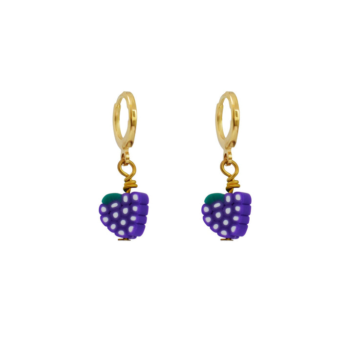 Grape Charm Earrings – Playful Fimo Fruit Beads on Gold Huggie Hoops - Samanta Factory