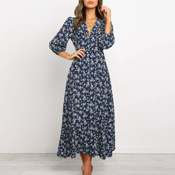Women’s V-Neck Floral Maxi Dress – High-Waist Slit for Effortless Boho Chic - Samanta Factory