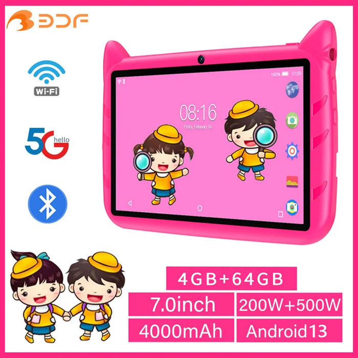 BDF 7-Inch Kids Tablet with Android 13, Dual Cameras & 64GB Storage

