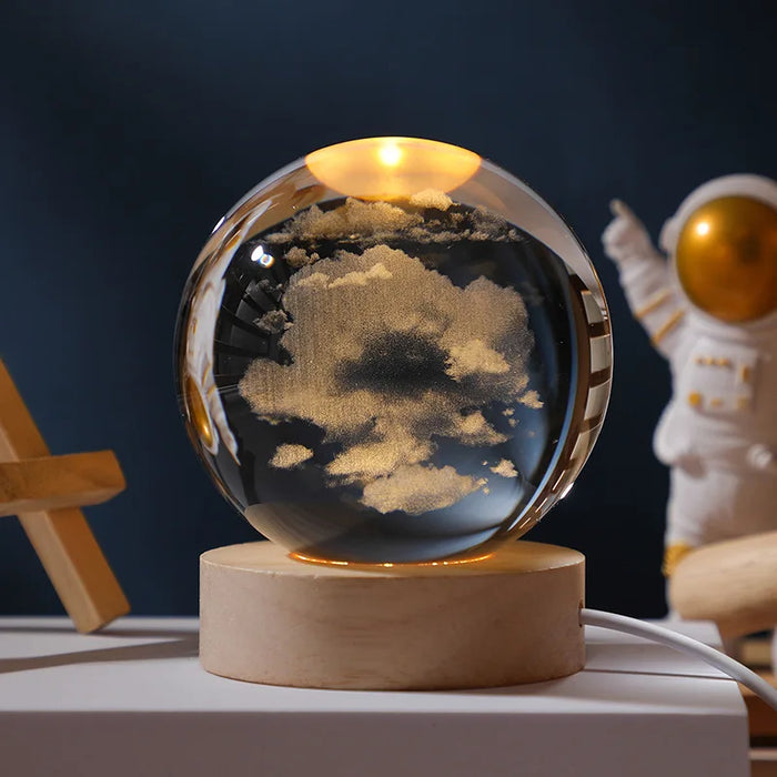 3D Crystal Solar System Night Light – Laser-Engraved Planet Globe with Wooden Base