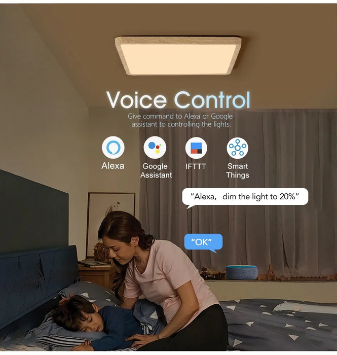 Smart LED Ceiling Light – Wood Grain Design with App & Remote Control