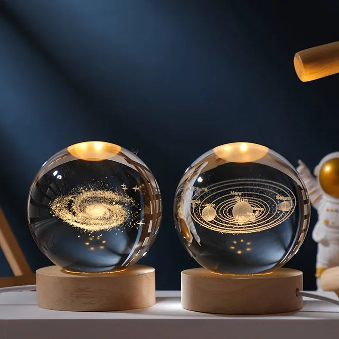 3D Crystal Solar System Night Light – Laser-Engraved Planet Globe with Wooden Base