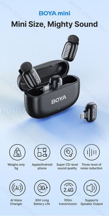BOYA Mini Wireless Microphone – 2.4GHz Lavalier Mic with Charging Case for iPhone & Android - Samanta Factory