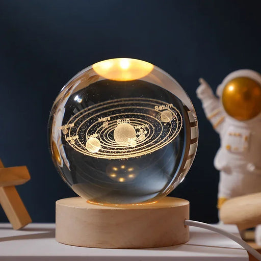 3D Crystal Solar System Night Light with Wooden Base – USB Glass Planet Lamp