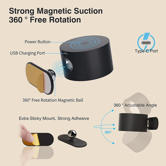Rechargeable LED Wall Light – Touch Control with 3 Colour Modes & Adjustable 360° Rotation - Samanta Factory