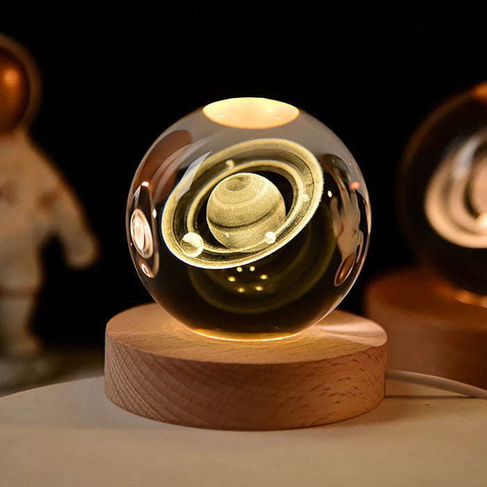 Glowing Crystal Ball Night Light – 3D Solar System LED Lamp with Wooden Base