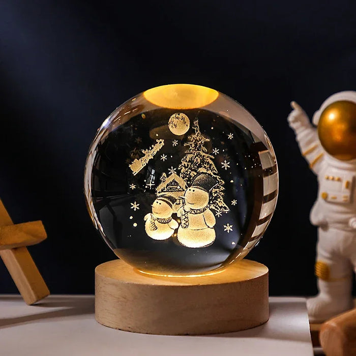 3D Crystal Solar System Night Light – Laser-Engraved Planet Globe with Wooden Base
