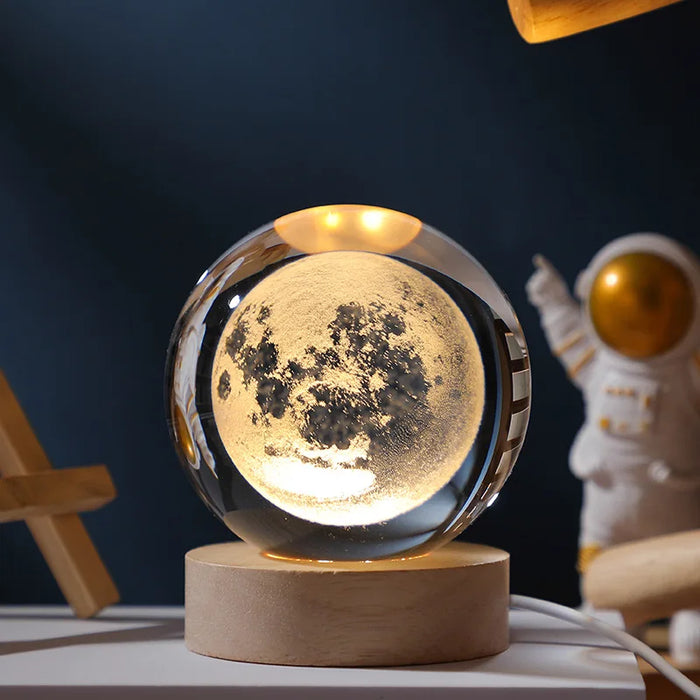 3D Crystal Solar System Night Light – Laser-Engraved Planet Globe with Wooden Base