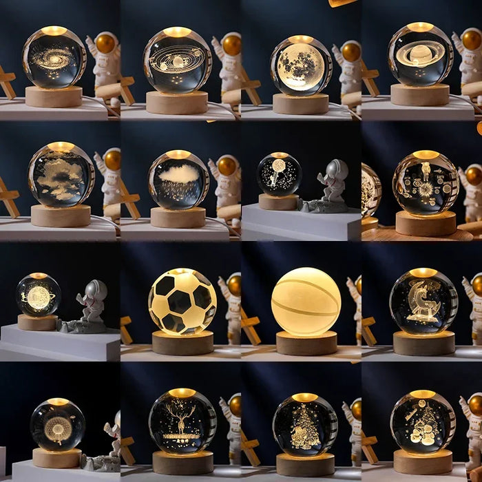 3D Crystal Solar System Night Light – Laser-Engraved Planet Globe with Wooden Base