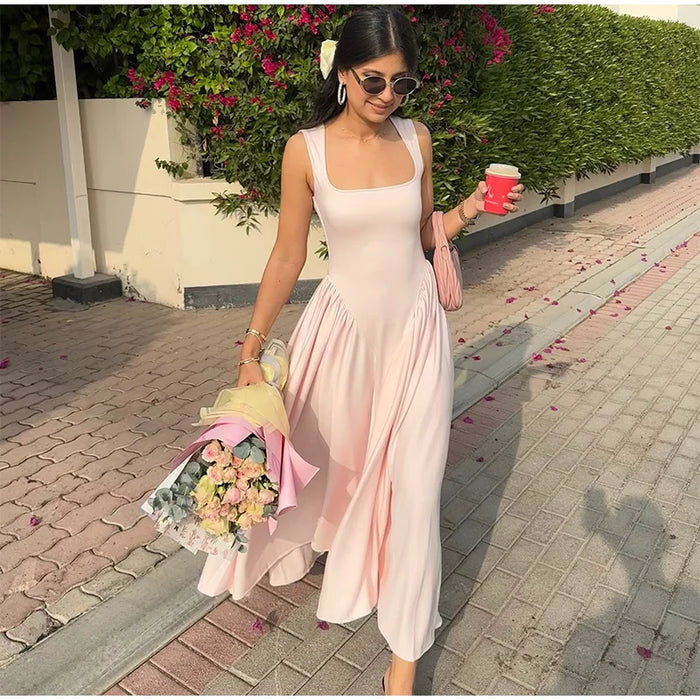 Camisole Dress – Pleated A-Line Elegance with Square Neck - Samanta Factory
