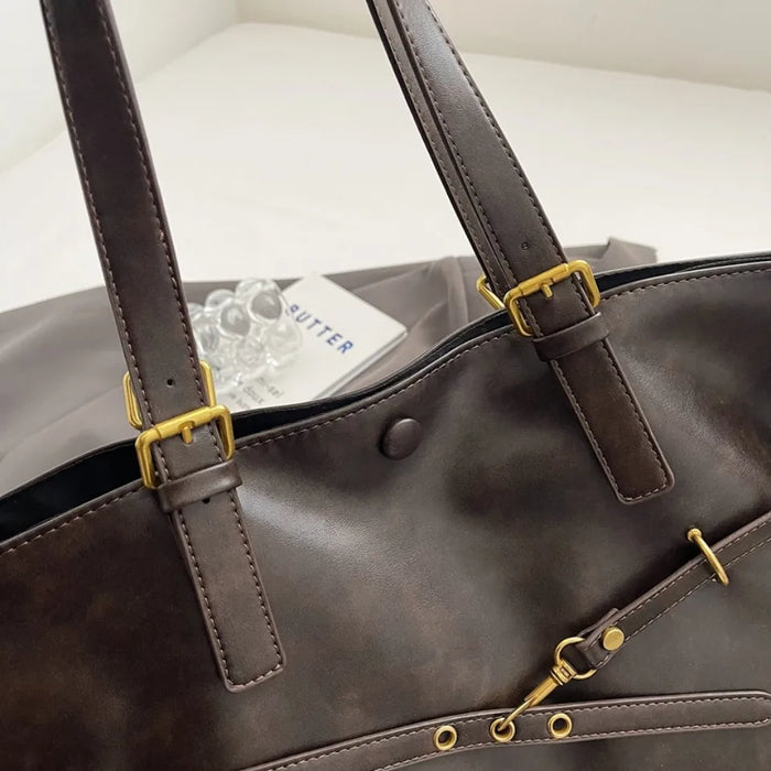 Vintage PU Leather Shoulder Tote – Soft Casual Bag with Lock Closure - Samanta Factory