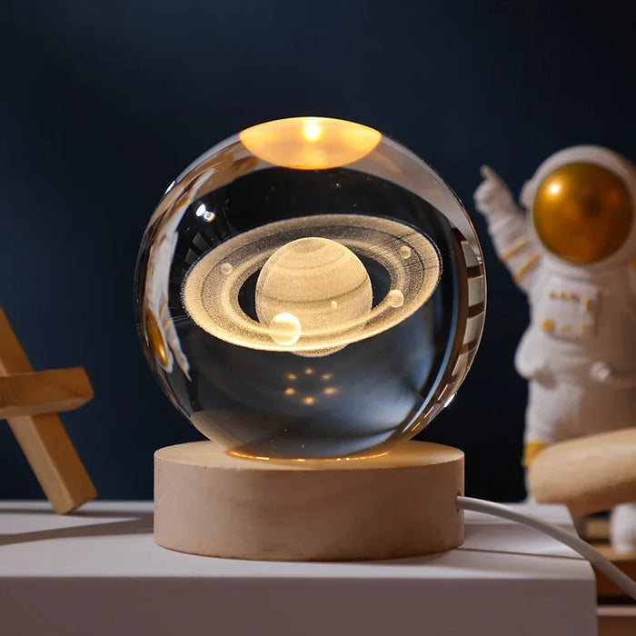 3D Crystal Solar System Night Light – Laser-Engraved Planet Globe with Wooden Base