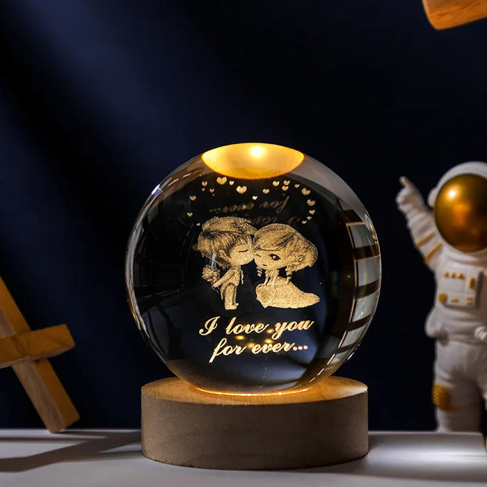 3D Crystal Solar System Night Light – Laser-Engraved Planet Globe with Wooden Base
