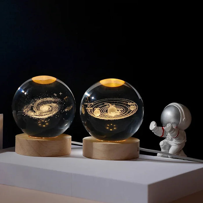 3D Crystal Solar System Night Light – Laser-Engraved Planet Globe with Wooden Base