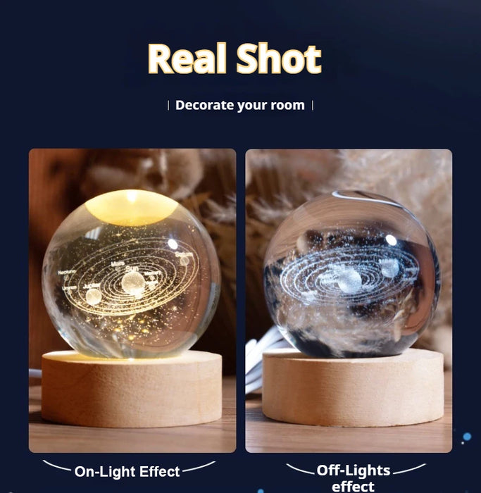 Glowing Crystal Ball Night Light – 3D Solar System LED Lamp with Wooden Base