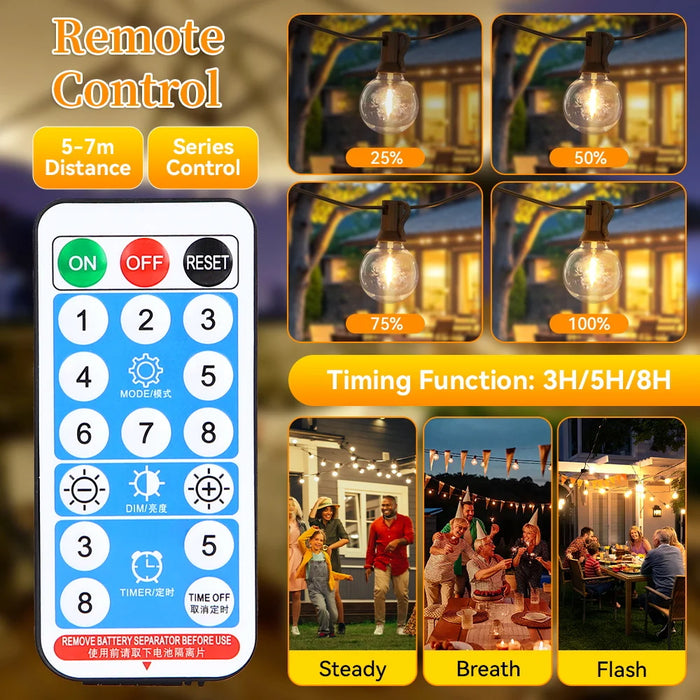 Solar String Lights – Outdoor Waterproof G40 Bulbs with Remote Control