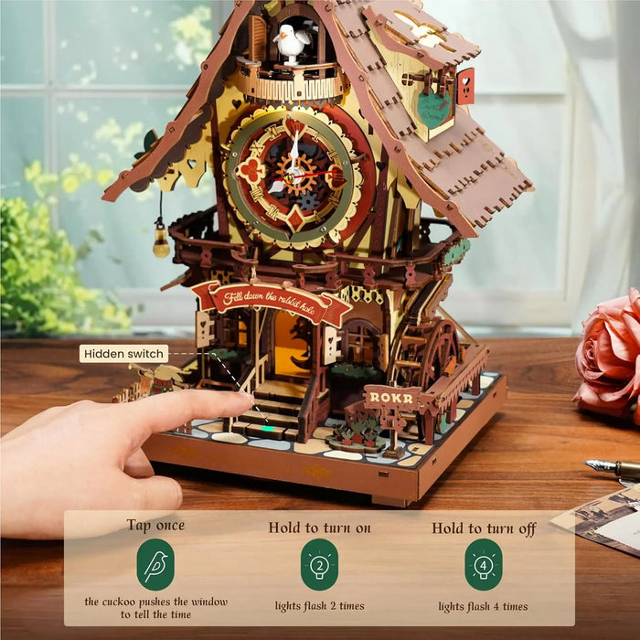 Wooden Cuckoo Clock 3D Puzzle – Light-Up Fairy Treehouse with Moving Bird & LED Lights