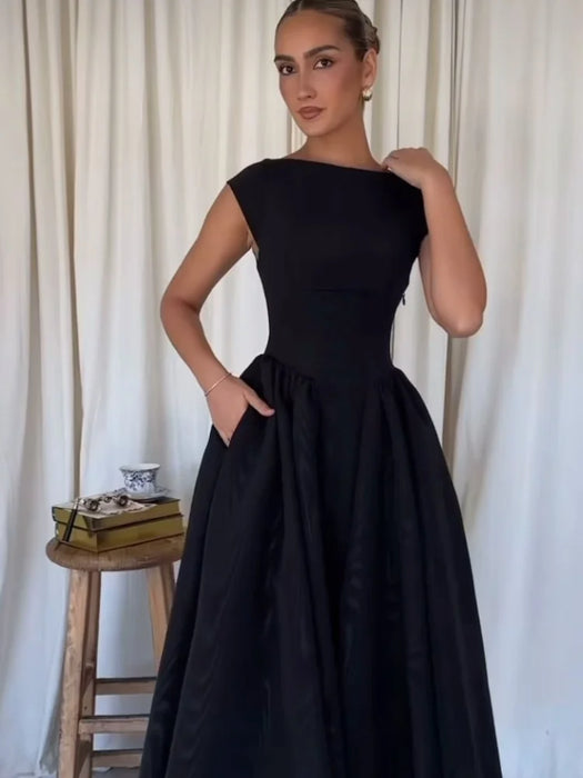 A-line Strap Long Dress – Square Neck & Backless Design - Samanta Factory