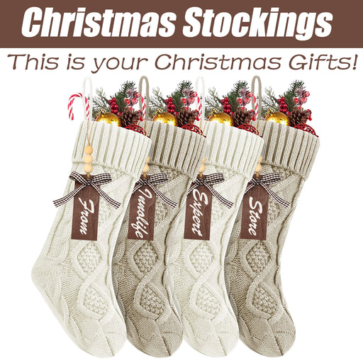 Personalised Knitted Christmas Stockings with Wooden Name Tags and Buffalo Check Bow