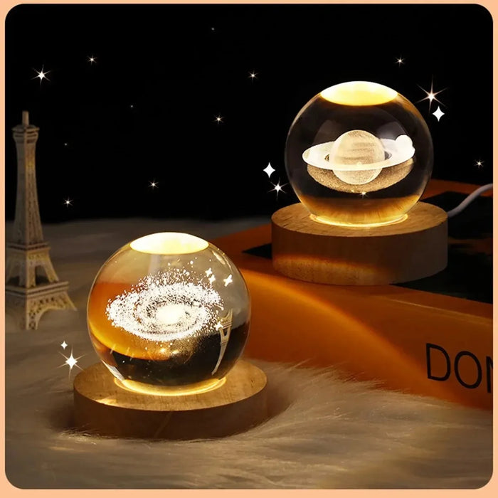 Glowing Crystal Ball Night Light – 3D Solar System LED Lamp with Wooden Base