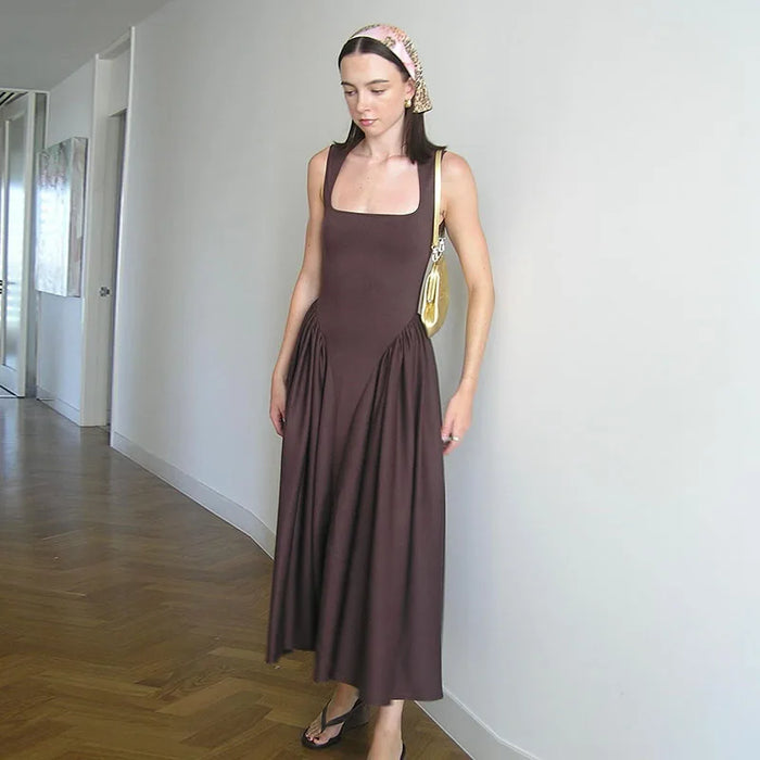 Camisole Dress – Pleated A-Line Elegance with Square Neck - Samanta Factory