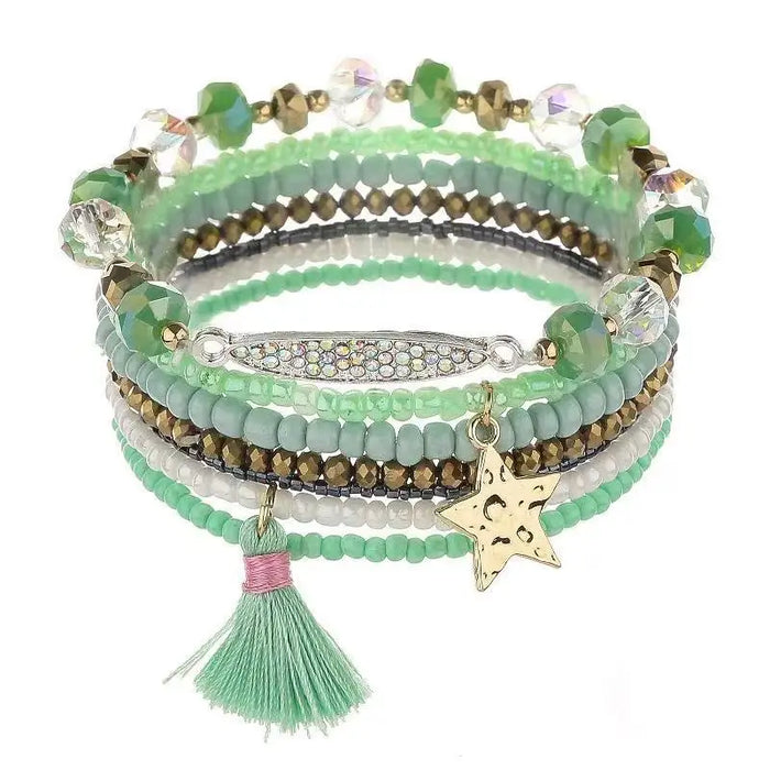Bohemian Bracelet Set – Stackable Beaded Bangles with Crystals & Pearls for Everyday Wear - Samanta Factory