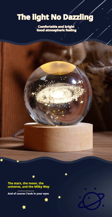 Glowing Crystal Ball Night Light – 3D Solar System LED Lamp with Wooden Base