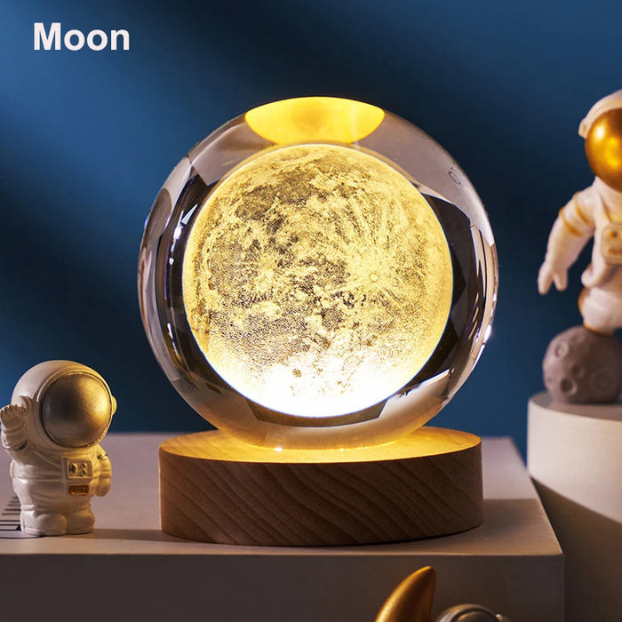 Glowing Crystal Ball Night Light – 3D Solar System LED Lamp with Wooden Base