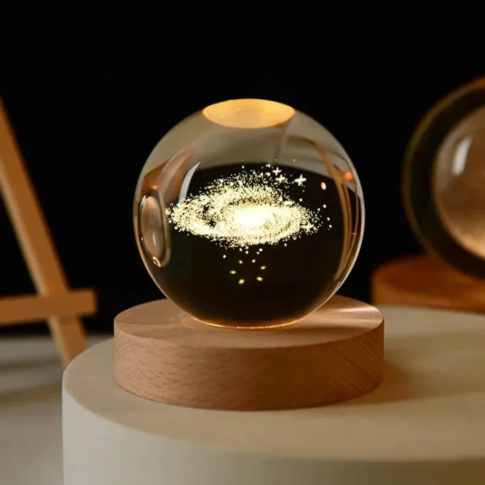 Glowing Crystal Ball Night Light – 3D Solar System LED Lamp with Wooden Base