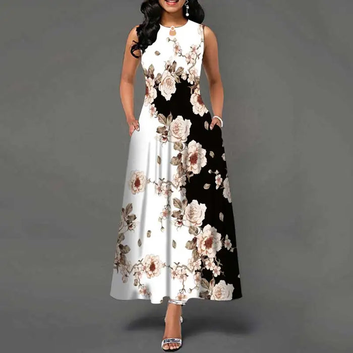 Bohemian Maxi Dress – Sleeveless Floral Print with Loose Swing Silhouette - Samanta Factory