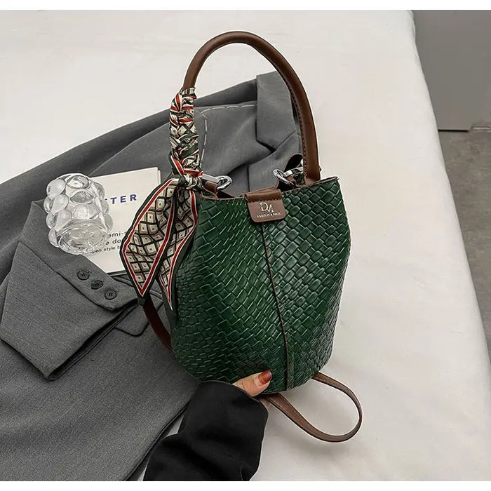PU Leather Knitted Bucket Bag – Soft Casual Messenger Handbag for Women - Samanta Factory