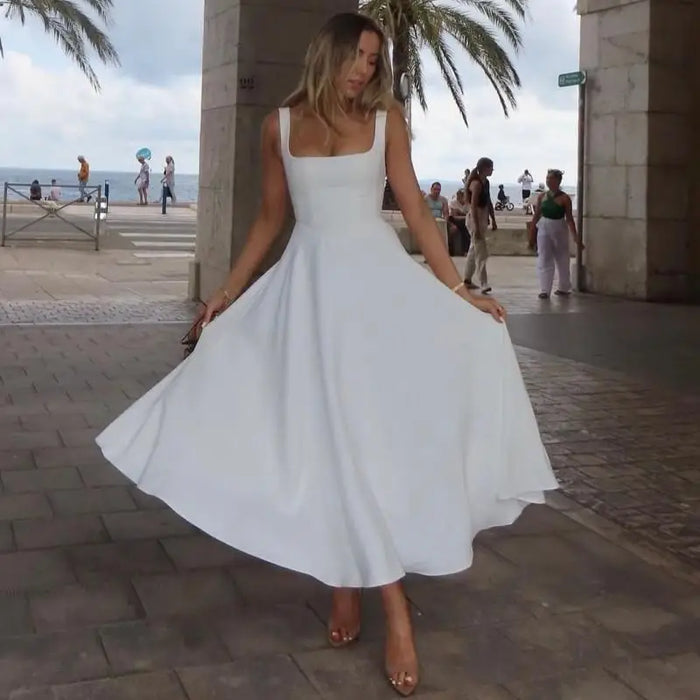 A-line Strap Long Dress – Square Neck & Backless Design - Samanta Factory