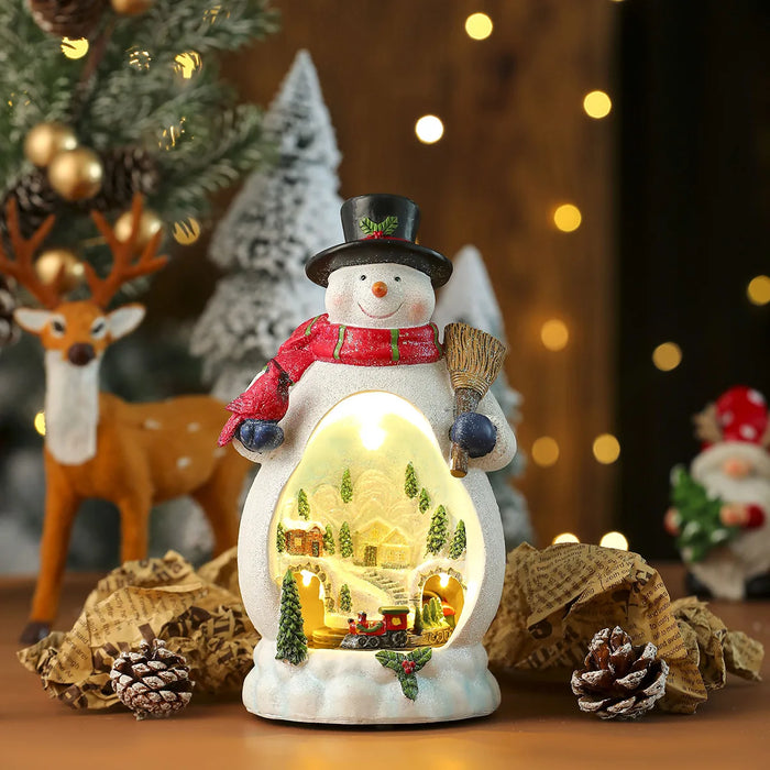 Lighted Christmas Cabin Music Box – LED Santa & Snowman Decoration with Rotating Train