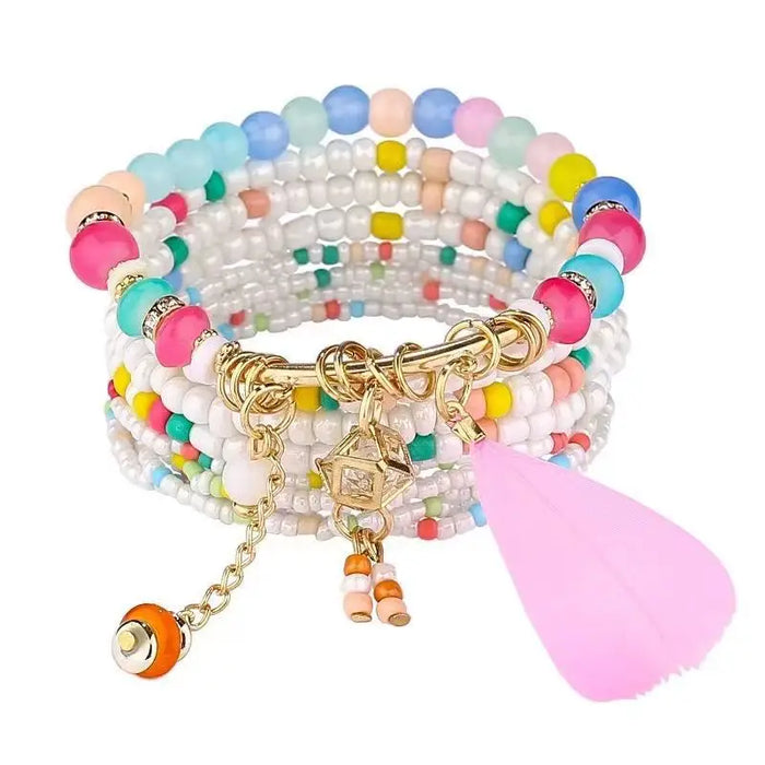 Bohemian Bracelet Set – Stackable Beaded Bangles with Crystals & Pearls for Everyday Wear - Samanta Factory