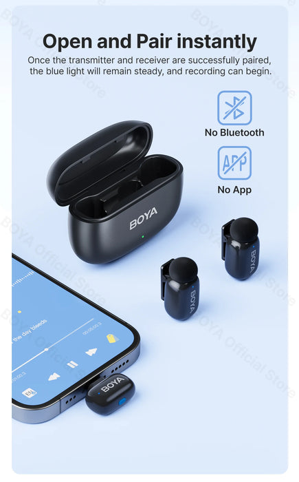 BOYA Mini Wireless Microphone – 2.4GHz Lavalier Mic with Charging Case for iPhone & Android - Samanta Factory