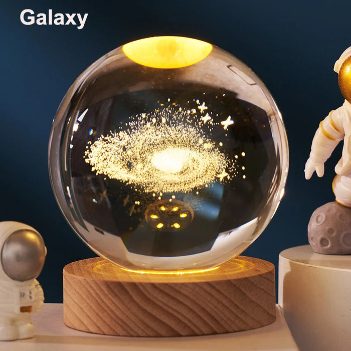 Glowing Crystal Ball Night Light – 3D Solar System LED Lamp with Wooden Base