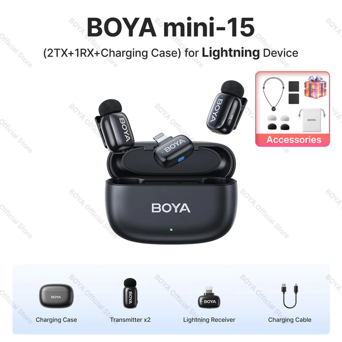 BOYA Mini Wireless Microphone – 2.4GHz Lavalier Mic with Charging Case for iPhone & Android - Samanta Factory